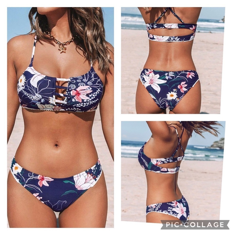 Cupshe Women’s Navy Floral Cutout Bikini